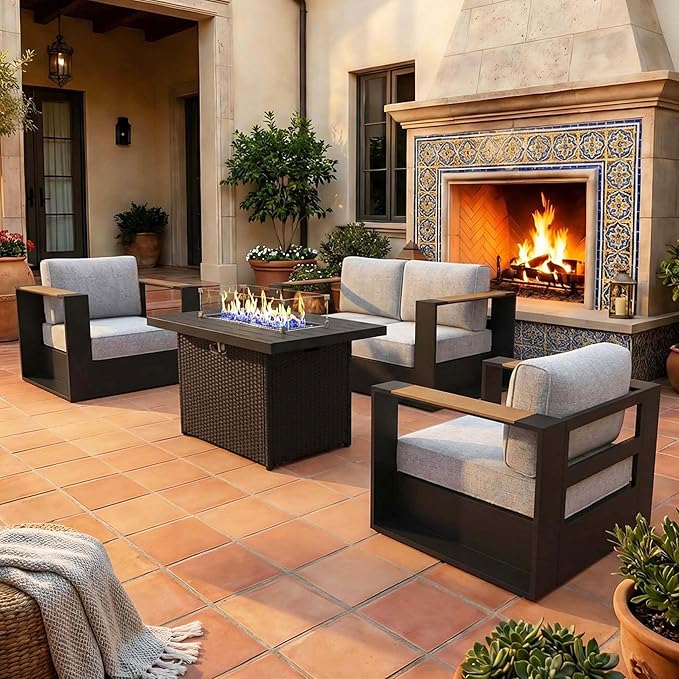 LayinSun 4 Pieces Aluminum Patio Furniture Set with Fire Pit Table, Oversized Outdoor Conversation Set 4 Seats with 6" Thick Cushions for Outside Porch, Balcony, Deck
