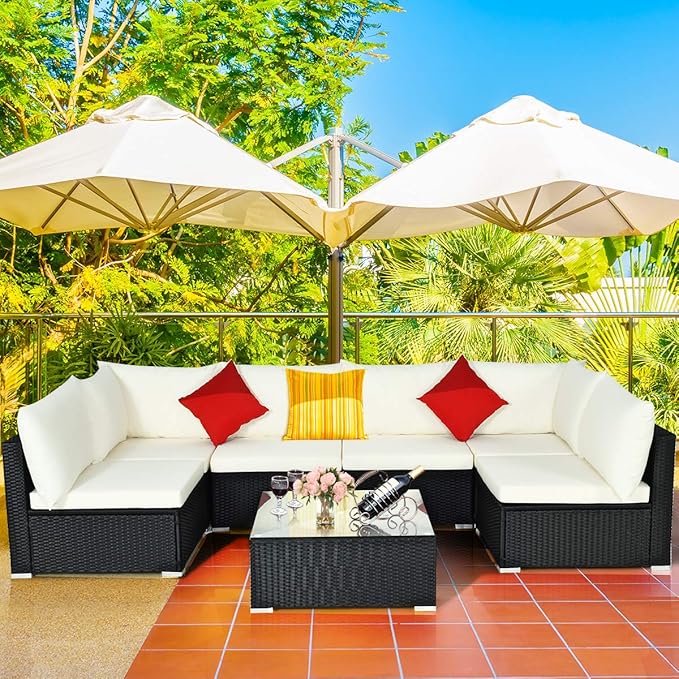 COSTWAY 7 Pieces Patio Furniture Set, Outdoor Rattan Conversation Set with 6 Seats, Coffee Tea Table, Soft Cushions, Wicker Patio Sectional Sofa for Garden Balcony Porch Poolside, Beige