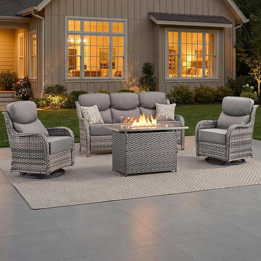 Luxury Patio Furniture Set with 6-inch Thick Cushion, Outdoor Furniture with Fire Pit Table, Swivel Chairs, Sofa, 4pcs Wicker Conversation Set for Deck Yard and Poolside(Grey Wicker/Grey Cushion)