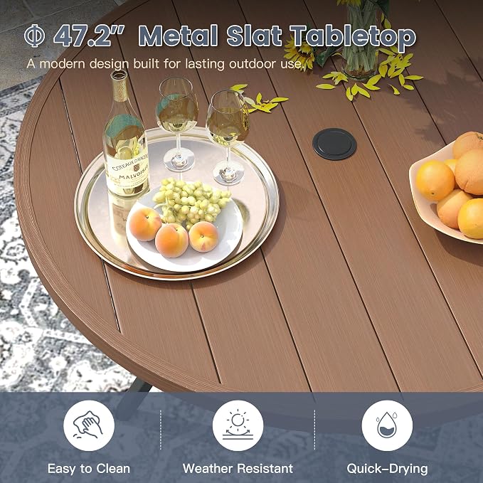 VICLLAX Round Patio Dining Table for 4-6, Outdoor Metal Dining Table with Umbrella Hole for Deck Lawn Garden Backyard, 47.2" Walnut