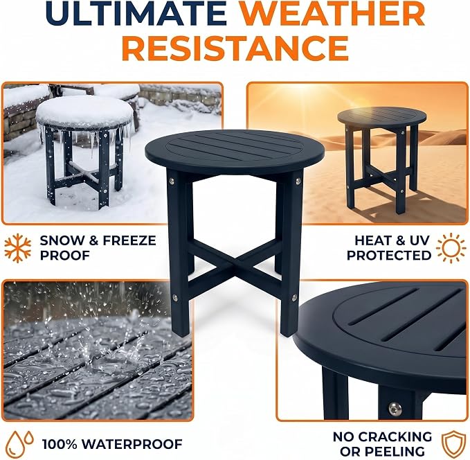 GDFStudio HDPE Outdoor Side Table, Small Patio End Table, All-Weather Round Accent Table for Porch Balcony Deck Poolside, Black