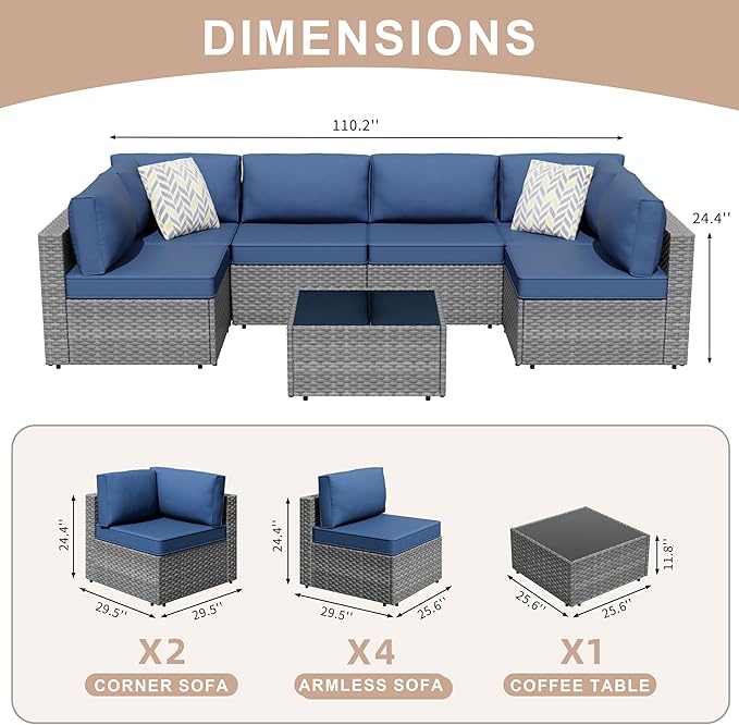 7-Piece Outdoor Patio Furniture Set, Modular PE Rattan Sectional Sofa with Thick Cushions & Glass Coffee Table, Weather-Resistant Wicker Conversation Set for Poolside, Balcony, Garden, Aegean Blue