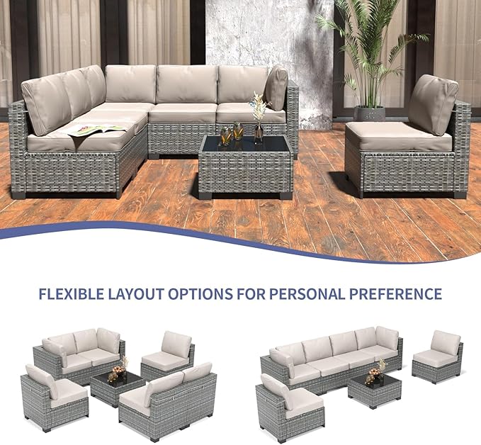 GarveeHome 7 Piece Patio Furniture Set, PE Rattan Wicker Sectional Sofa Set with Cushions & Glass Top Coffee Table, Outdoor Conversation Furniture for Garden, Balcony, Porch, Backyard