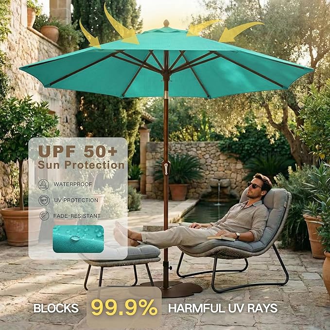 Kingdura 10FT Outdoor Patio Umbrella, Market Table Umbrella with Push Button Tilt and Crank, 8 Sturdy Fiberglass Ribs, UV Protection for Pool, Lawn, Deck, Backyard, Garden (Tiffany blue)