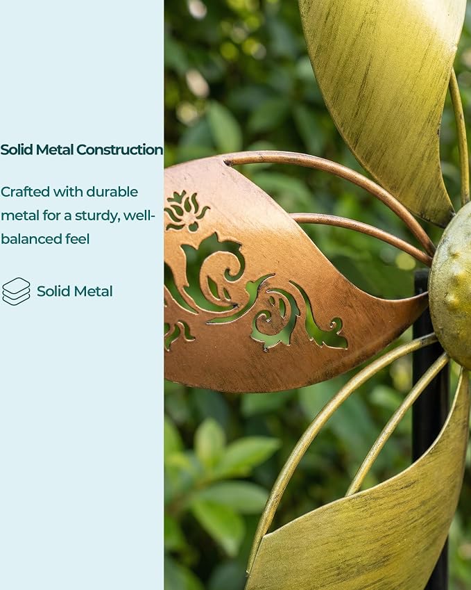 2 Pack Metal Wind Spinners, 37" Kinetic Yard Decor | Smooth Rotation, Rust-Resistant Finish, Tool-Free Setup, Elegant Floral Design