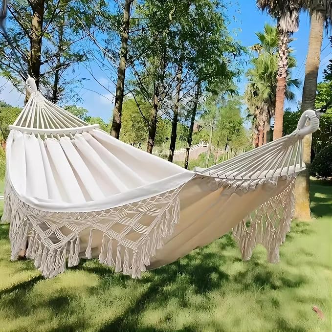 Handmade Cotton Woven Hammock, Portable Boho Canvas Swing with Tassels for Indoor and Outdoor Use, Perfect for Patio, Yard, Garden, and Camping