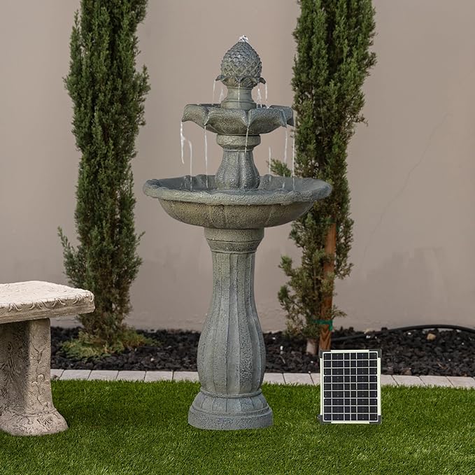 XBrand 44" Solar Powered 2-Tier Outdoor Water Fountain, Fiberglass Resin, with Solar Panel and Auto Shut-Off Pump, Brown