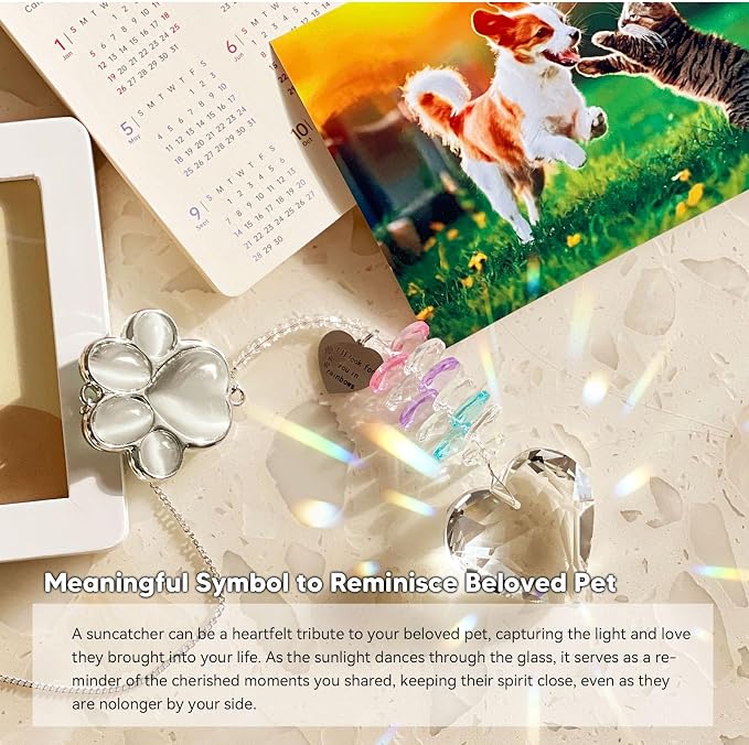 Dog Memorial Gifts, Pet Memorial Suncatcher, Loss of Dog Sympathy Gift | Thoughtful Dogs and Cats Bereavement Remembrance Gifts, Natural Cat's Eye Stone Paw Crystal Suncatcher