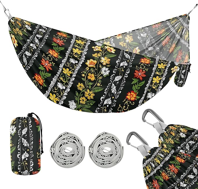 Camping Hammock Outdoor Hammocks for Outside Black Floral Beach Trees Portable Lightweight with Pockets Tree Straps Indoor