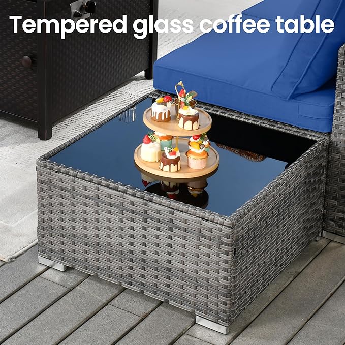 5 PCS Outdoor Patio Furniture Sets,Wicker Weather Resistant Patio Conversation Set with Comfy Cushions,Modular L Shaped Sofa with Coffee Table for Yard Backyard Porch Garden Poolside,Navy Blue