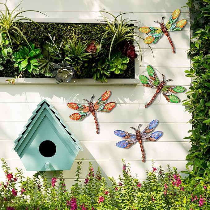 Metal Dragonfly Wall Decor 3D Colorful Outdoor Fence Wall Art Decor Hanging Decoration for Your Garden Yard Patio Balcony