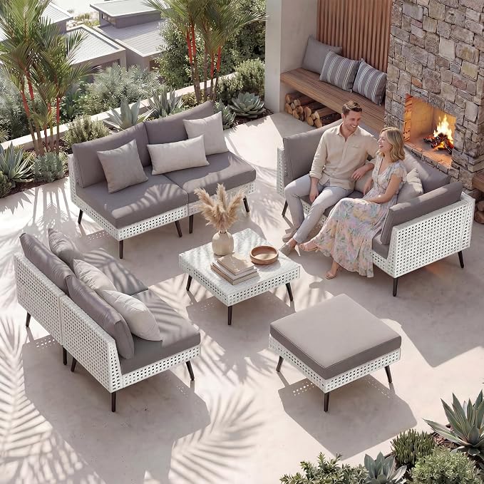 ENSTVER Modern High-End 8-Piece Wicker Patio Furniture Sets，Outdoor Patio Sectional with Thicken Cationic Fabric Cushions & Non-Slip Pad, Convertible Conversation Sets for Garden, Poolside, Backyard