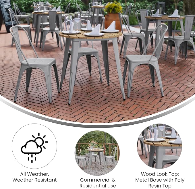 EMMA + OLIVER Drew Dining Table - Brown 30" Round Poly Resin Table Top - Silver Steel Base - All-Weather for Indoor/Outdoor Use