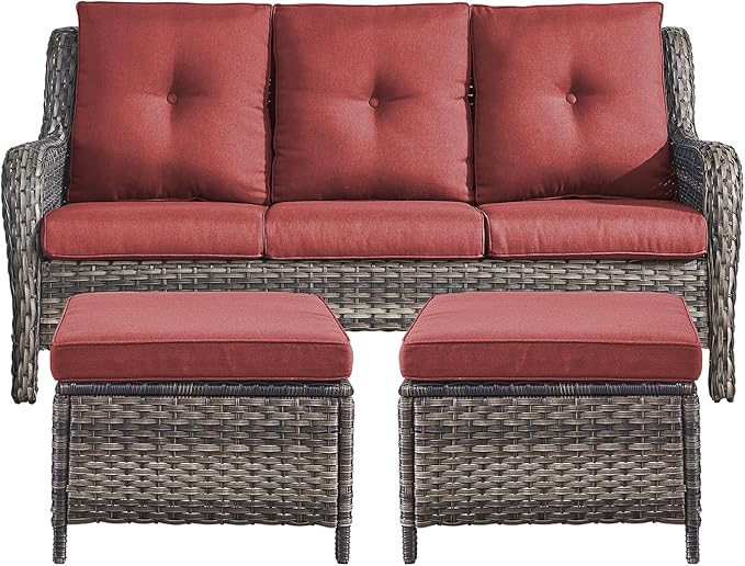 Rilyson 3 Piece Wicker Patio Furniture Set - Outdoor Rattan Patio Comversation Set with 1 Sofa and 2 Ottomans for Outside Porch Deck Garden(Mixed Grey/Red)