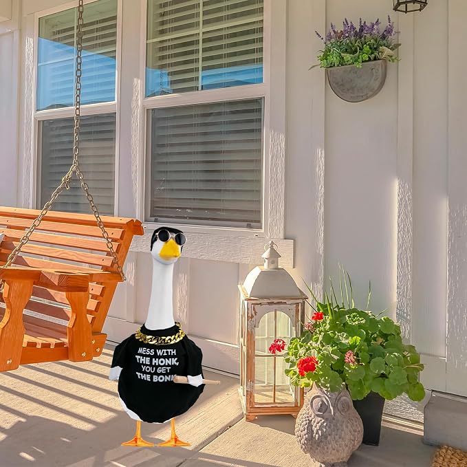 CAMDUCK 4 Pcs Porch Goose Outfit Glasses Gold Chain Mess with The Honk You Get The Bonk Warning Porch Sign Baseball Goose Clothes with Wood Bat for Cement Goose Statue Garden Lawn Outdoor Decor
