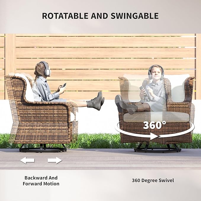 Outsunny 4 Piece PE Rattan Outdoor Patio Furniture Set, Wicker Conversation Set with 2 Swivel Glider Chairs, 2-Tier Glass Table and Loveseat for Garden, Patio, Poolside, Cream White