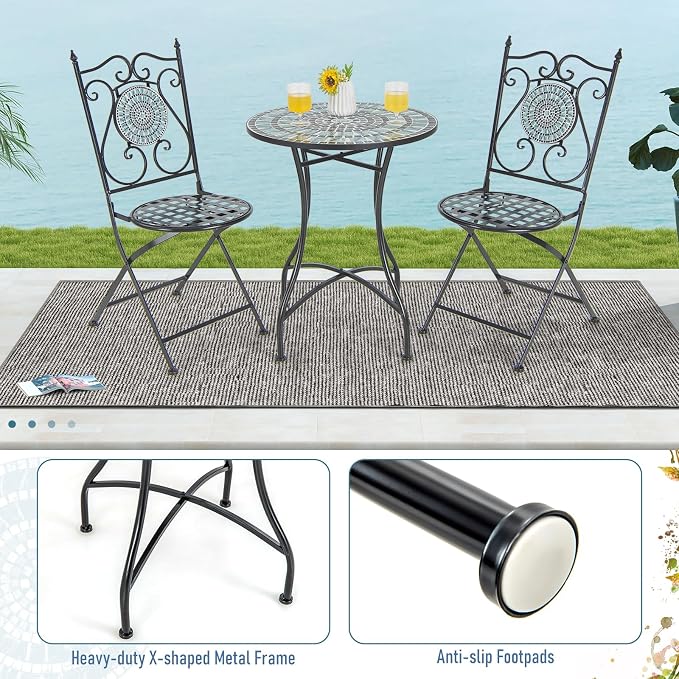 Giantex 24 Inch Patio Bistro Table, Mosaic Round Table w/Ceramic Tile Tabletop, Heavy-Duty Metal Structure, Outdoor Dining Table for Backyard, Garden, Porch (Blue & Black (Sun Pattern))