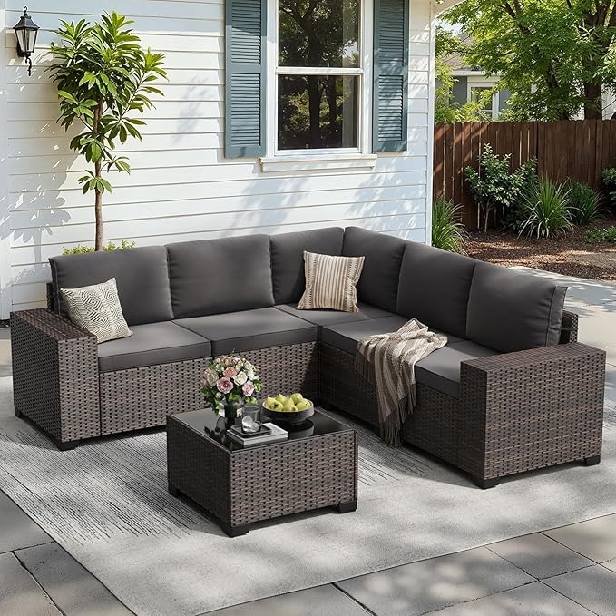 Soohow 6-Piece Patio Furniture Set All-Weather Outdoor Wicker Sectional Conversation Set with Cushion and Glass Table for Garden, Porch, Backyard, Grey Cushions