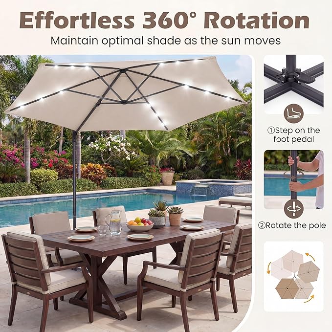 HAPPYGRILL 10 FT Patio Umbrella with Solar Lights, Outdoor Offset Cantilever Umbrella with White LED Lights, 360 Degree Rotation, Air Vent for Pool Deck Garden Backyard