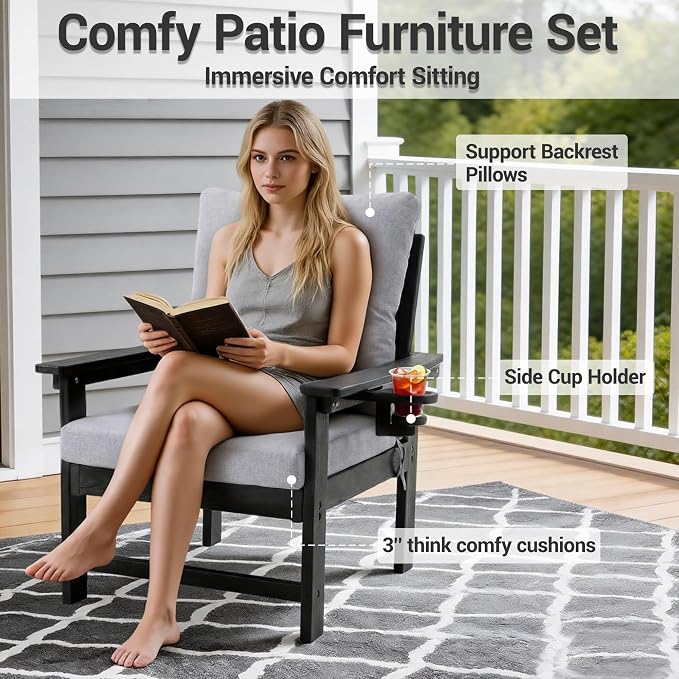 7-Piece HDPE Patio Conversation Set w/ 4 Cup Holders, All-Weather Outdoor Sectional Furniture, Thick Washable Cushions, Coffee Table & Side Table for Backyard Porch Poolside, Black
