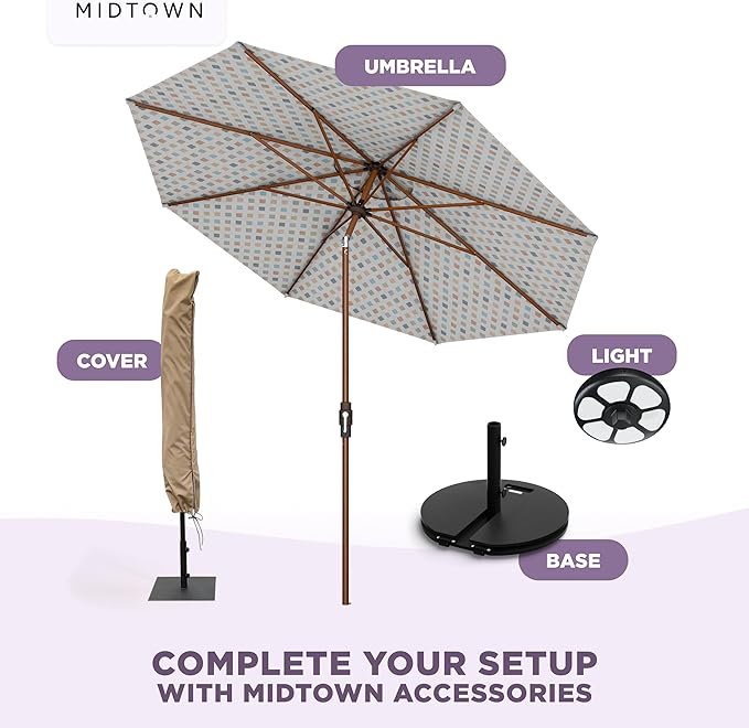 Midtown Umbrellas Wooden 2-8 Ft Patio Umbrella with 360° Swivel & Tilt Mechanism, 8 Fiberglass Ribs & Sunbrella Fabric - Outdoor Umbrella for Deck, Pool & Garden - Burgundy Canopy, Wooden Pole