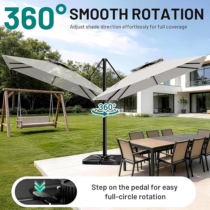 AreShark 11×11FT Double-Top Cantilever Patio Umbrella, Square Offset Umbrella with 360 Degree Rotation, Heavy Duty Patio Umbrella for Garden Deck Pool, 5 Tilt Angles, Light Grey