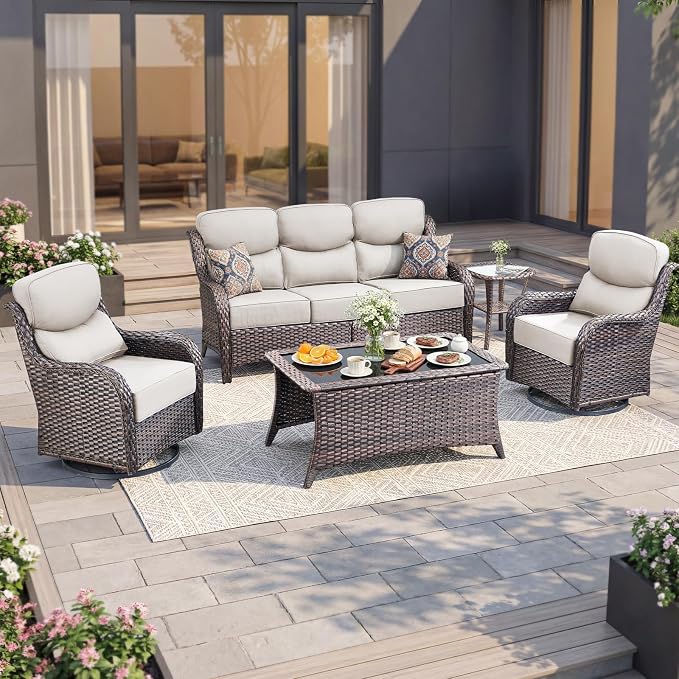 Luxury Swivel Rocker Chairs Sofa Set with 6" Thick Cushion 5 piece Wicker Outdoor Patio Chair with Coffee Table High Back Comfortable Outdoor Patio Furniture Set - Brown | Beige