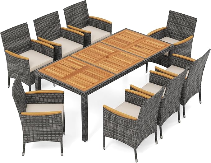 COSTWAY 9-Piece Patio Dining Set for 8, Outdoor Rattan Wicker Table and Chairs Furniture Set with Umbrella Hole, Acacia Wood Tabletop for Backyard, Balcony, Poolside, Grey & White