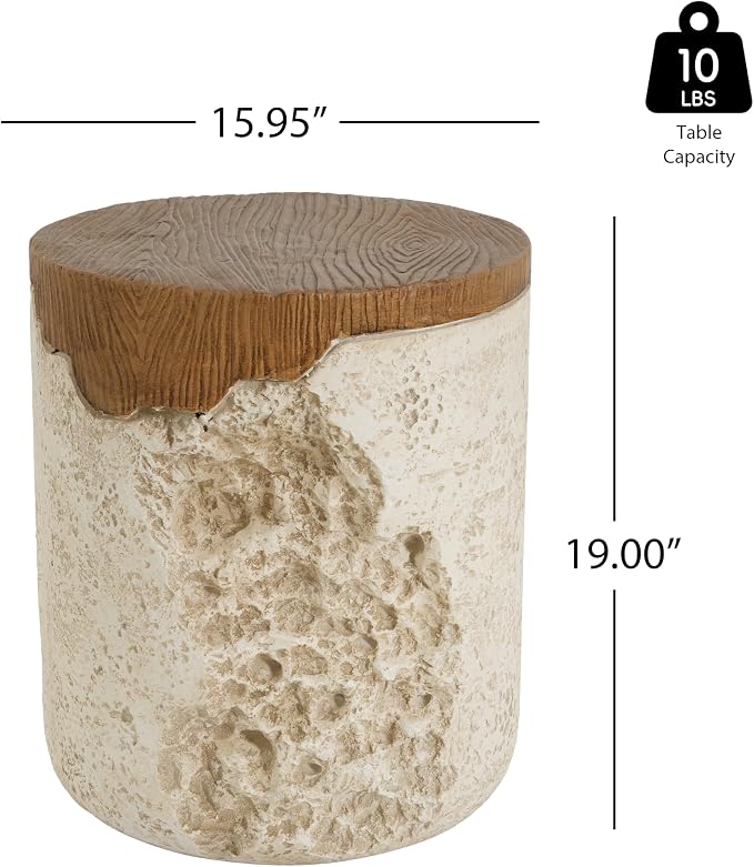 Merax Outdoor Patio Side Table, Modern MGO Round Accent End Table with Beige Textured Base & Faux-Wood Grain Top, Sculptural Design, 19" Height Side Table for Poolish Garden Balcony