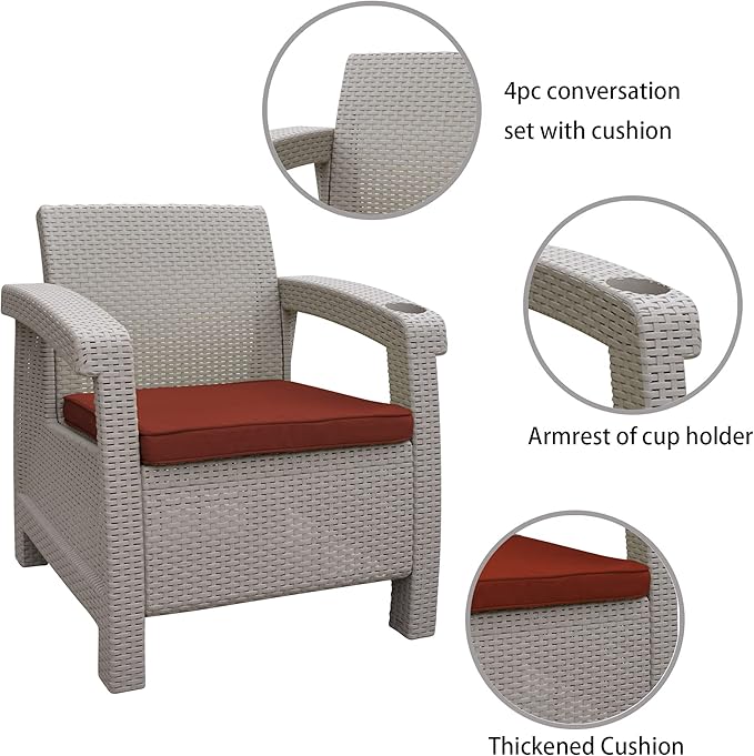 Jeco Pontus 4PC Grey Conversation Patio Set with Brick Red Cushion