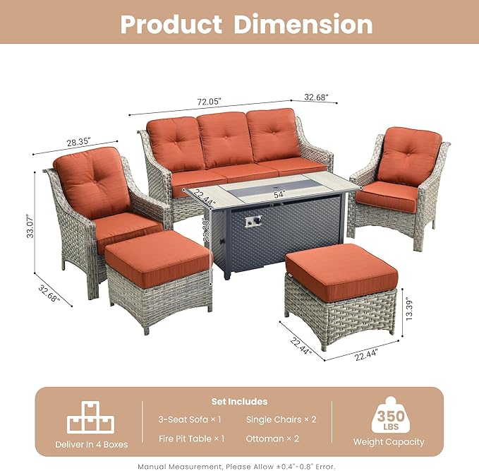 HOOOWOOO Patio Furniture Set,6 Pieces Wicker Outdoor Furniture,High Back Conversation Set with All Weather Resistant Fire Pit Table Couch Chairs Ottomans,Orange Red