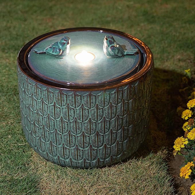 Glitzhome 14.75”H Outdoor Ceramic Water Fountain with LED Light and Pump, Embossed Leaf Pattern Floor Standing Bird Bath Fountain with Two Birds Decor for Patio Porch Deck Backyard, Turquoise
