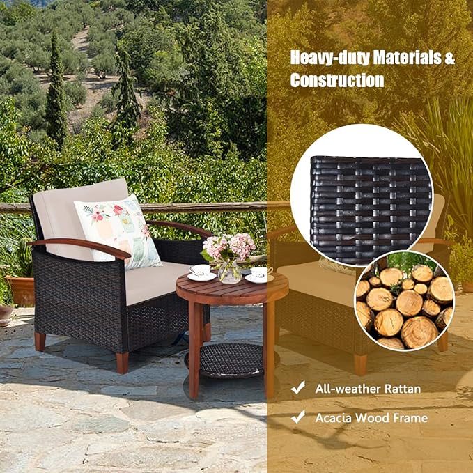Tangkula 3 Pieces Patio Rattan Furniture Set, Outdoor Wicker Sofa Set w/Washable Cushion and Acacia Wood Tabletop, High Load Bearing Chair with Coffee Table, Conversation Furniture (Turquoise & Beige)