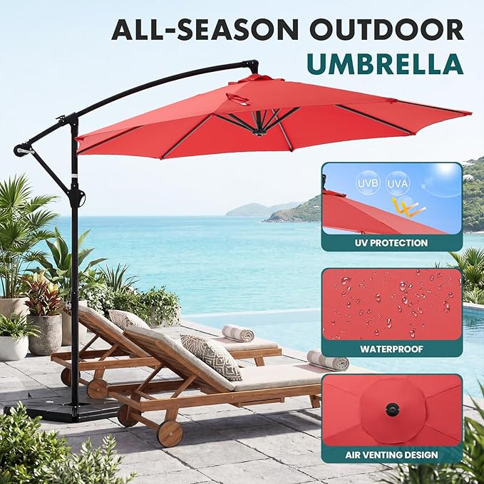 OLIXIS Offset Patio Umbrella, 9.8FT Cantilever Table Umbrellas for Outdoor Sun Shade UV Protection with Easy Tilt Adjustment, 8 Ribs for Backyard, Lawn, Garden, Pool