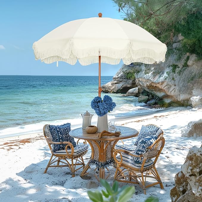 Sophia & William 7ft Outdoor Beach Umbrellas with Fringe, Portable Tilt Umbrellas for Sand, Patio, Lawn, Garden, Pool, Outing, Balcony