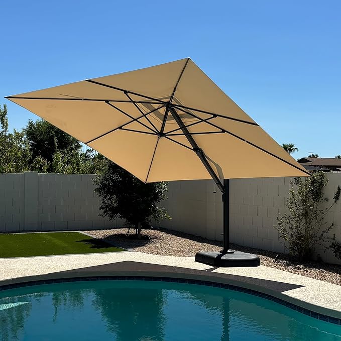 PURPLE LEAF 12 FT Square Patio Umbrella Large Outdoor Aluminum Offset Umbrella with 360-degree Rotation Cantilever Umbrella for Garden Deck Backyard Pool, Beige