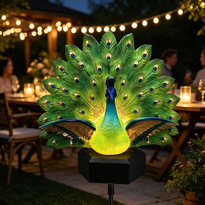 Solar Peacock Garden Sculpture, Outdoor Decor Light with Auto-On LED, Tail Statue for Yard Patio Lawn Walkway Villa Landscape Decoration Gift (This Product is a Static Sculpture.