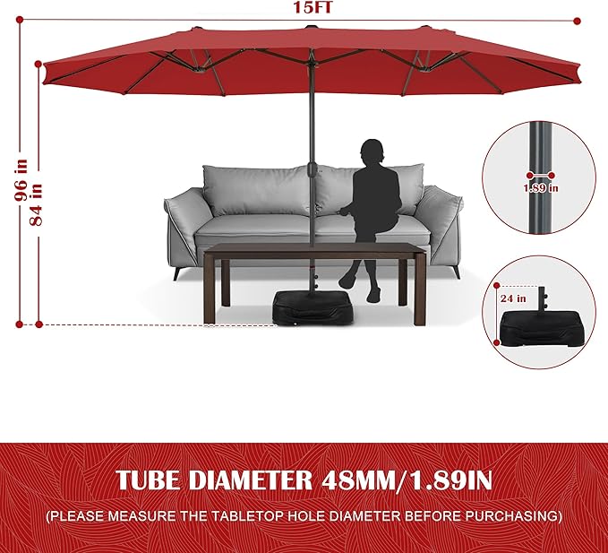 Sundale Outdoor Olefin 5-Year-Non-Fading 15 ft Patio Umbrella with Sand Bag Base and Cover, Large Outdoor Double-Sided Umbrella