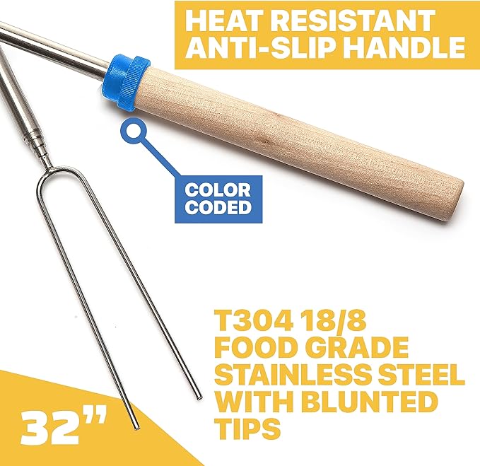 MalloMe Smores Sticks for Fire Pit Long - Marshmallow Roasting Sticks Smores Kit - Smore Skewers Hot Dog Fork Campfire Cooking Equipment, Camping Essentials S'mores Gear Outdoor Accessories 32" 12Pack