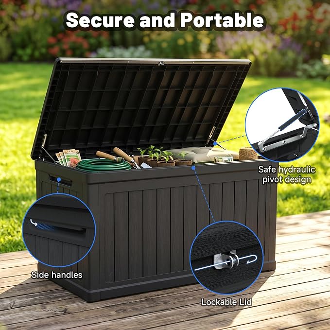 XXL Large Gallon Resin Deck Box, Waterproof Lockable Outdoor Storage Box, Black Organizer for Patio Furniture, Cushions, Garden Tools, Pool & Sports Equipment (230, Gallons)