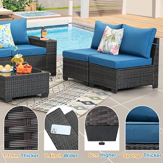 6 Pieces Patio Furniture Set,Wicker PE Rattan Outdoor Sectional with Cushion & Coffee Table, Patio Conversation Sofa for Garden, Backyard, Poolside, Peacock Blue