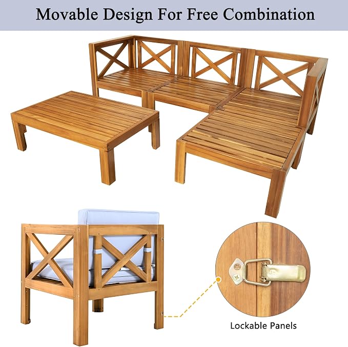 VilroCaz Acacia Wood 5-Piece Patio Sectional Sofa Set, All-Weather Outdoor Conversation Set, Corner Design Patio Set with Coffee Table and Updated Cushions for Backyard Porch Courtyard Poolside