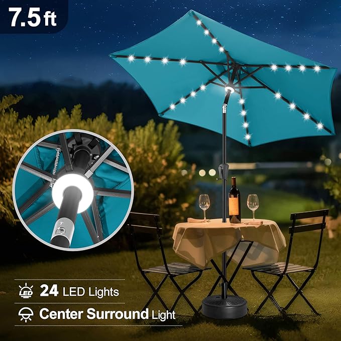 FLAME&SHADE 7.5 FT Solar Light Patio Umbrella, 24 LED Lights Outdoor Umbrella with Centre Surround Light, Table Umbrella Outdoor Patio for Deck, Pool, Backyard, Garden, UV Protection (Aqua Blue)