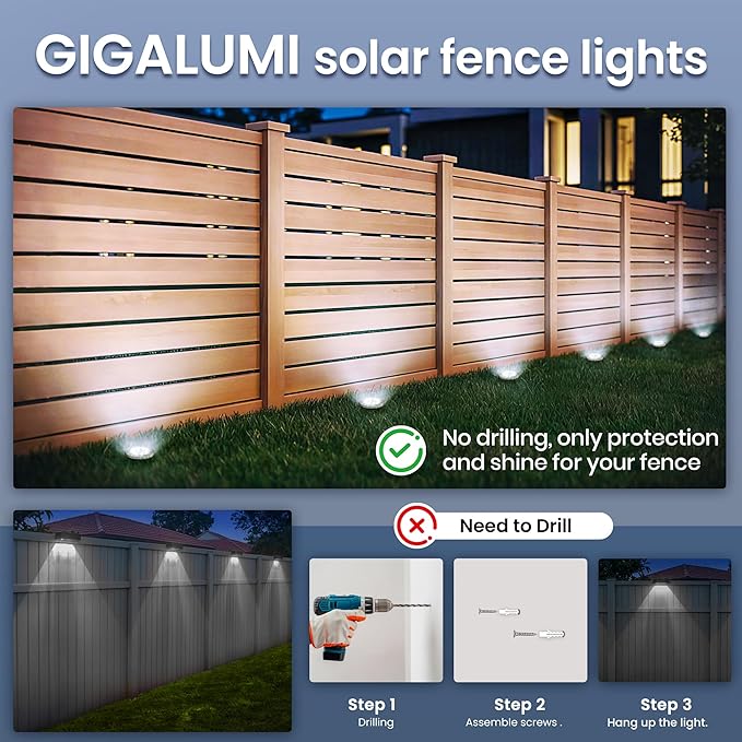 GIGALUMI Solar In-Ground Fence Lights - No-Drill Fence Lighting Solution, Waterproof Perimeter Lights Compatible with Wood, Metal & Concrete Fences (16 Pack Cool White)