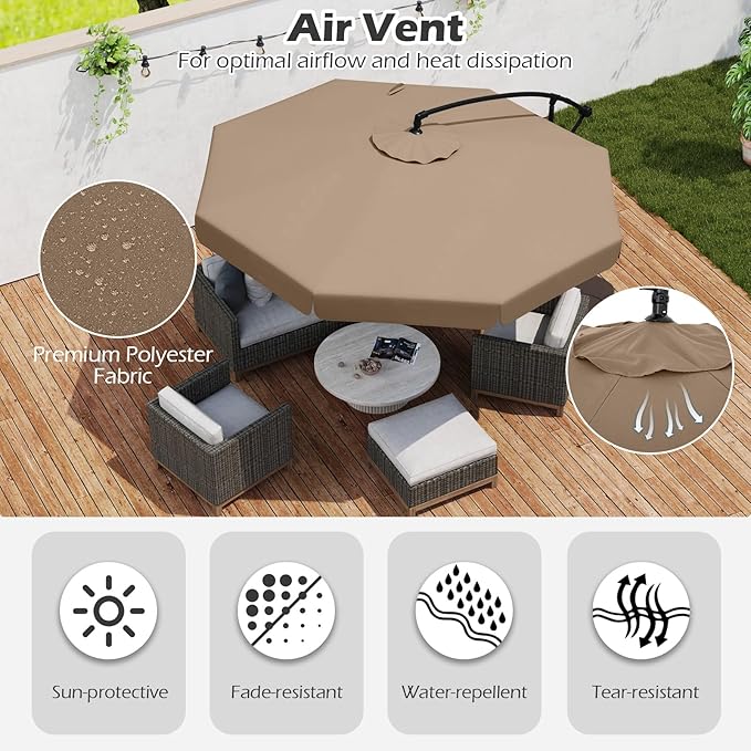 Tangkula 10FT Offset Hanging Umbrella with Cover, Patio Cantilever Umbrella w/ Easy Tilt Adjustment, Crank, Ruffled Edge, 8 Ribs, Sun-Protective Canopy, Heavy-Duty Outdoor Parasol for Pool Garden Deck (Tan)