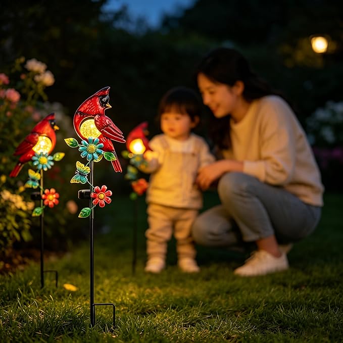 Caridnal Decor Solar Garden Stakes Outdoor Decorative Waterproof 2 Pack Metal Garden Sculpture Cardinal Solar Lights for Outside Lawn Yard Patio Cemetery Red Bird Gardening Gifts for Women