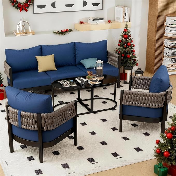Aluminum Patio Furniture Set,5 Pieces HDPE Rope Patio Conversation Sets with Modular Coffee Table,Metal Outdoor Sectional Furniture w/5.9" Thick Cushions for Porch,Deck,Backyard,Navy Blue