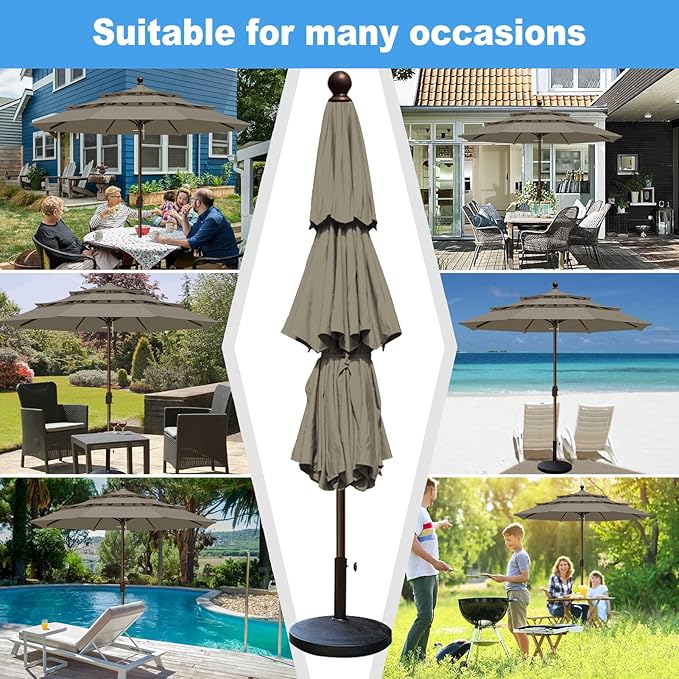 Eurmax USA 10-Year-Non-Fading 10FT 3-Tier Outdoor Patio Market Umbrella,UPF50+ UV Resistant,Heavy Duty Commercial Grade,Crank Lift Design,Windproof Vented Top for Garden,Pool,Deck,Taupe