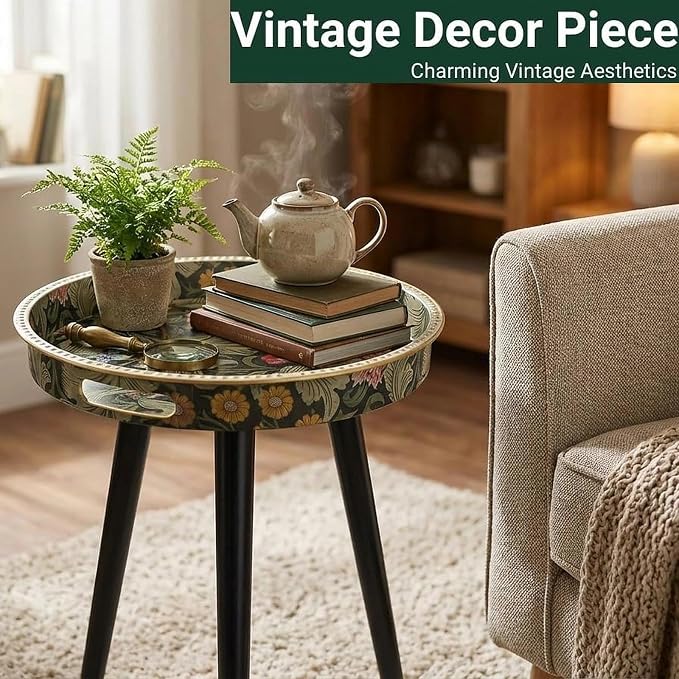 Small Round Side Table Vintage Floral - 13" William Morris Pattern - Botanical Tripod Drink Table & Nightstand with Moisture-Resistant Wrapped Legs for Living Room, Bedroom, Corner