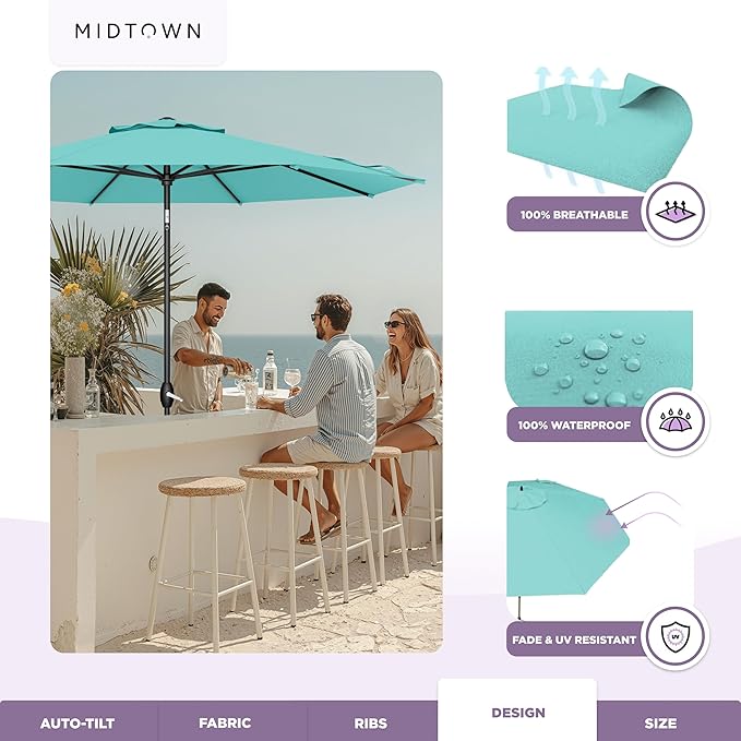 Midtown Umbrellas – The Lean 9 Ft Patio Umbrella with 10-Year-No-Fade Acrylast Acrylic Fabric, Auto-Tilt and 8 Reinforced Ribs for Deck, Pool, Garden, Hotel & Cafes – Azure Canopy, Black Pole